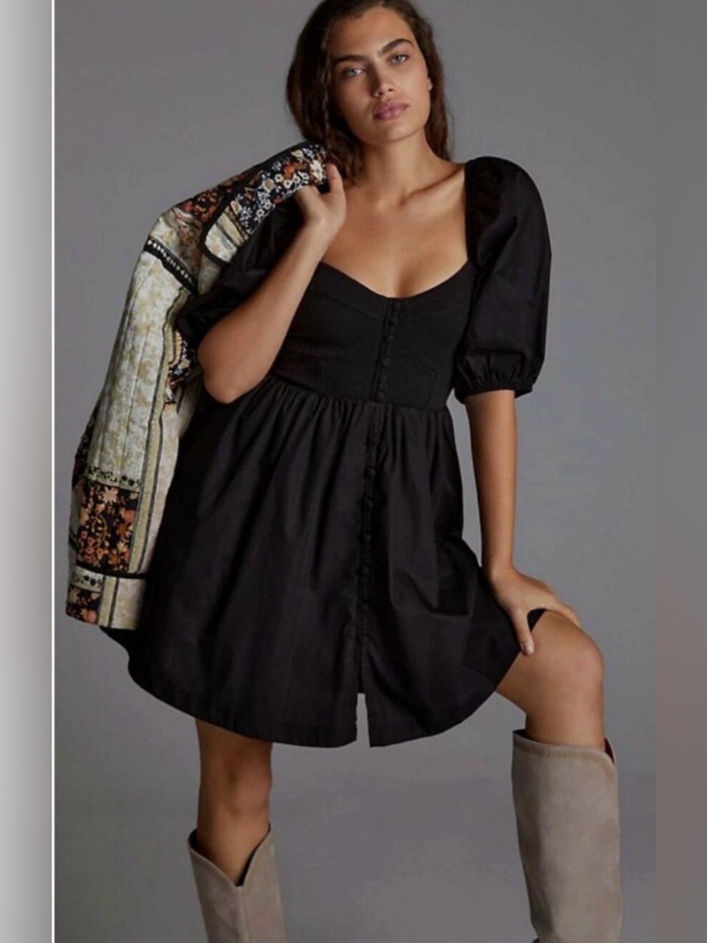 Anthropologie Maeve Puff-Sleeved Sweetheart Mini Dress Babydoll in Black.